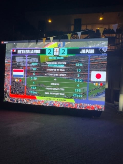 Soccer match statistics display showing Netherlands vs Japan score 2-2 with game metrics including attempts, corners, and pass completion
