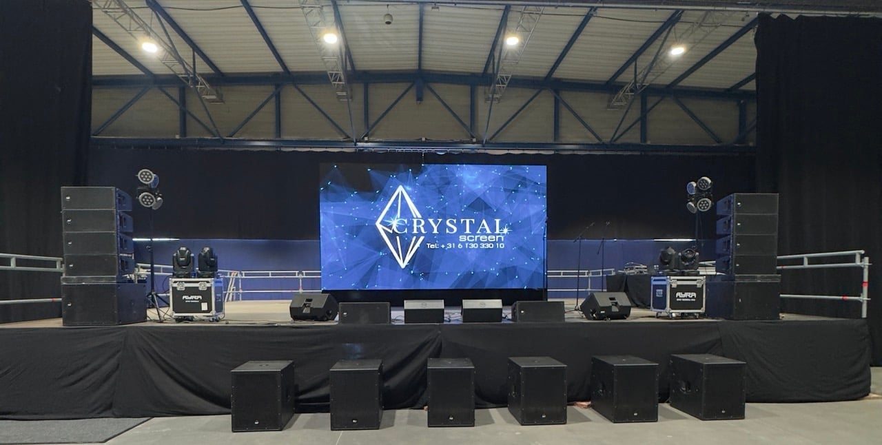 Concert stage with Crystal logo on LED screen - Crystal Screen Events